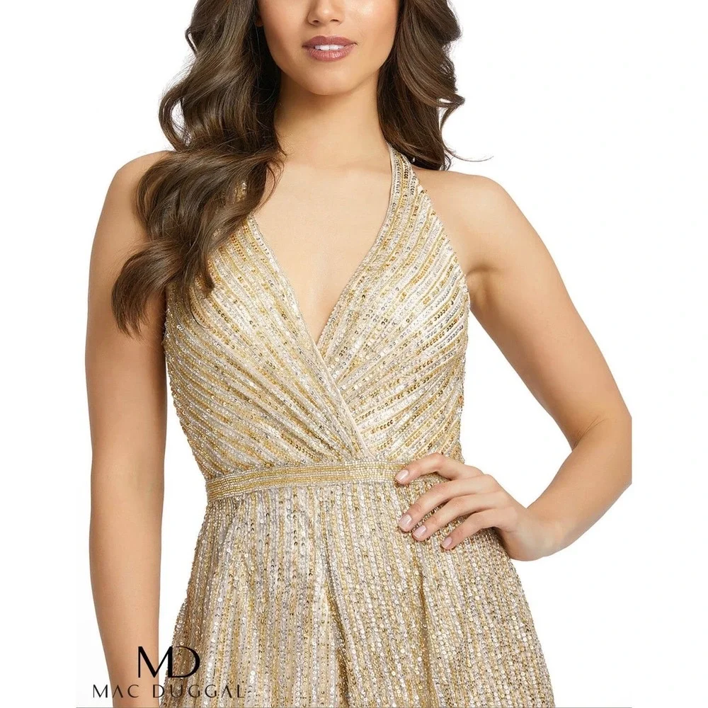Mac Duggal 5253 Strappy Back V-Neck Romper Nude Gold Silver Sz 4‎ NWT